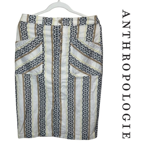 By Anthropologie Dresses & Skirts - Anthropologie Embroidered Linen Striped Button‑Front Midi Skirt – Size 8 NWOT